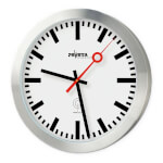 Peweta Funkwanduhr Aluminiumgehäuse 30 cm Ziffernblatt mit Balkenziffern und rotem Bahnhof Sekundenzeiger